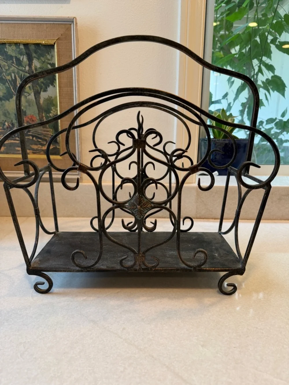 Vintage French Country Black Metal Magazine Rack with patina